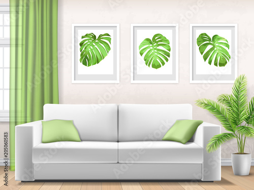 Modern interior of living room with window, white sofa and palm tree leaves in pot. Vector 3d realistic style.