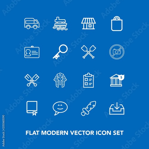 Modern, simple vector icon set on blue background with library, move, egyptian, ancient, tick, web, education, home, check, egypt, business, bus, banking, download, book, checklist, money, water icons