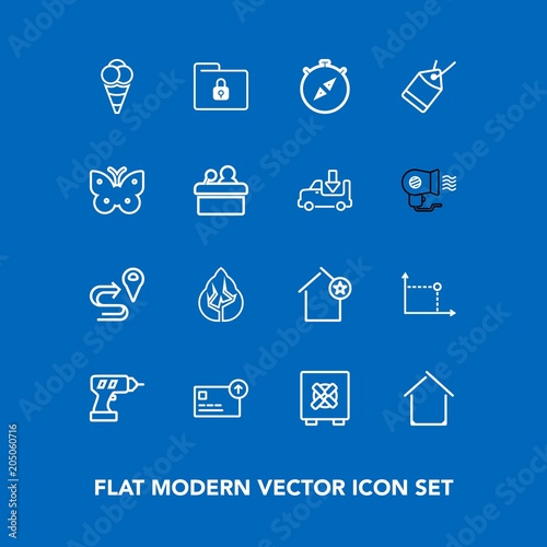 Modern, simple vector icon set on blue background with machine, south, security, cream, environment, favorite, equipment, estate, hand, folder, money, dessert, direction, ice, safe, tree, ball icons