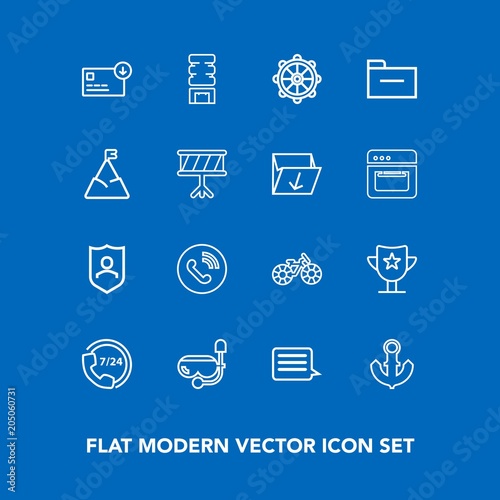 Modern, simple vector icon set on blue background with water, anchor, cold, cycle, call, document, bicycle, mask, boat, summer, drink, operator, money, snorkel, ship, phone, award, nautical, win icons