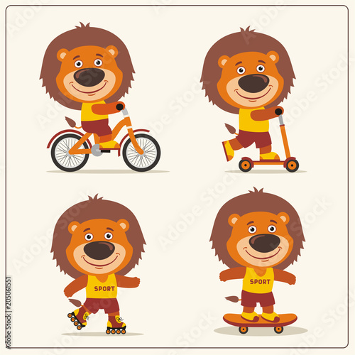 Set of isolated funny lion on bike, skateboard, scooter and roller skates.