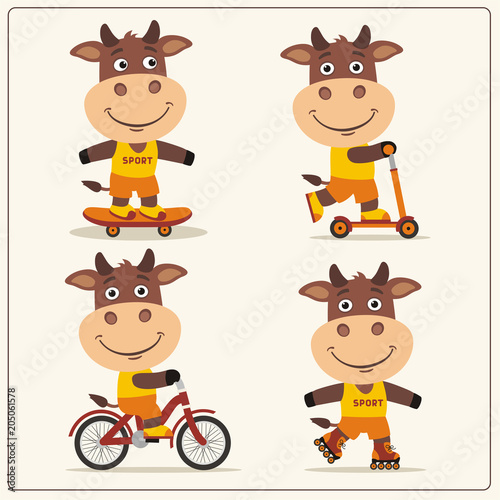 Set of isolated funny bull on bike, skateboard, scooter and roller skates.