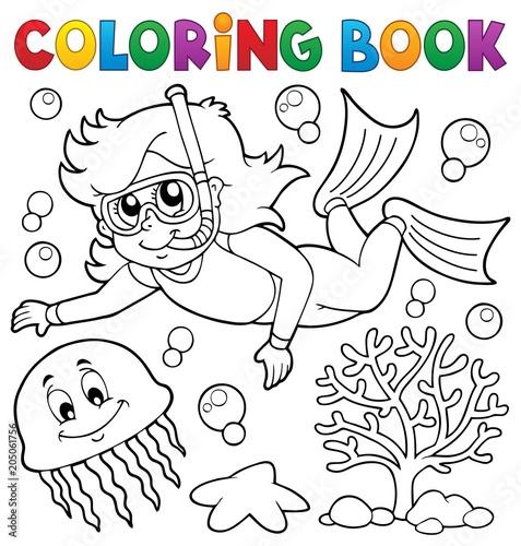 Coloring book girl snorkel diver