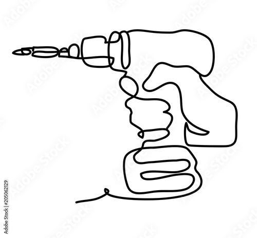 Hand with power tool. Continuous line drawing. Isolated on the white background. Vector monochrome, drawing by lines