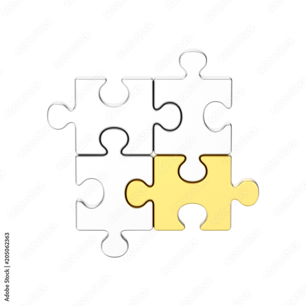 3D illustration isolated group of gold and silver puzzles 3D illustration isolated group of gold and silver puzzles