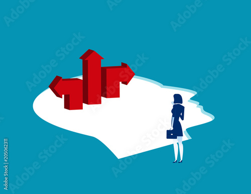 Brains and direction. Businesswoman standing and thinking. Concept business vector illustration.  Flat character, Cartoon style design.