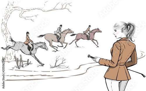 Beautiful fashion woman with english equestrian sport fox hunting style horse rider. England landscape steeplechase tradition rider girl. Vector hand drawn stylish lady model with whip and hair tail