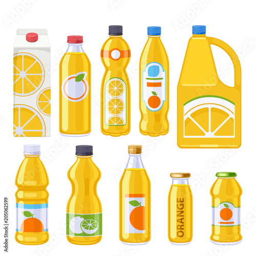 Orange juice bottles icons set.