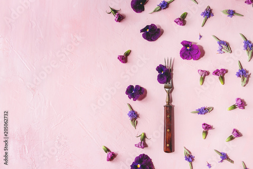 Quadro em tela Variety of purple edible flowers for dish decorating with vintage fork over pink pastel background