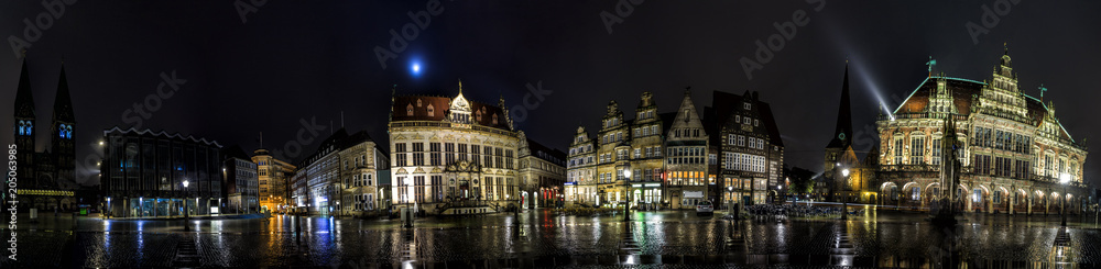 Night Skyline of Bremen main market square in the centre of the old Hanseatic City, Germany. 360 degree panoramic montage from 30 images