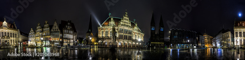 Night Skyline of Bremen main market square in the centre of the old Hanseatic City, Germany. 360 degree panoramic montage from 30 images