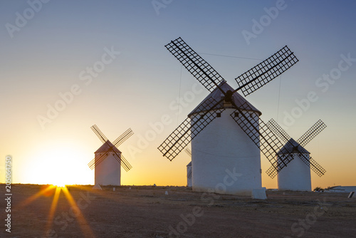 Traditional windmills at rising, La Mancha, Spain