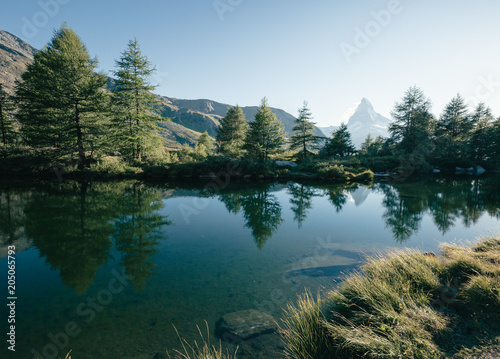 Scenic surroundings with famous peak Matterhorn. Location place Swiss alps  Grindjisee.