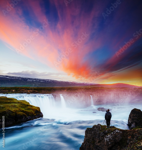 Great rapid flow of water powerful Godafoss cascade. Location place Skjalfandafljot river, Iceland.