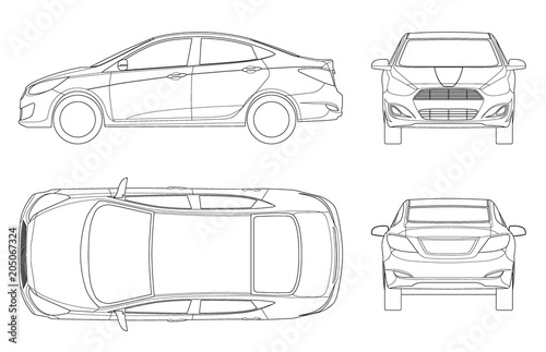 Set of Sedan Cars in outline. Compact Hybrid Vehicle. Eco-friendly hi-tech auto. Isolated car, template for branding and advertising. View front, rear, side, top. Vector illustration