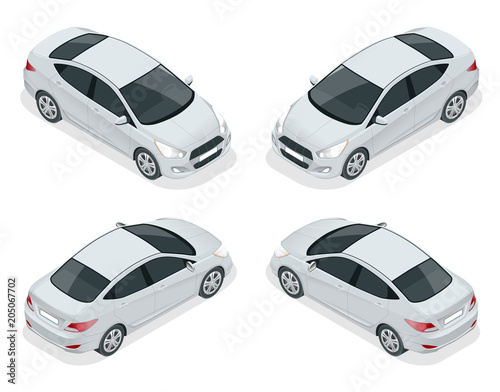 Isometric set of Sedan Cars. Compact Hybrid Vehicle. Eco-friendly hi-tech auto. Isolated car, template for branding and advertising.