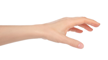 Woman hand on white background