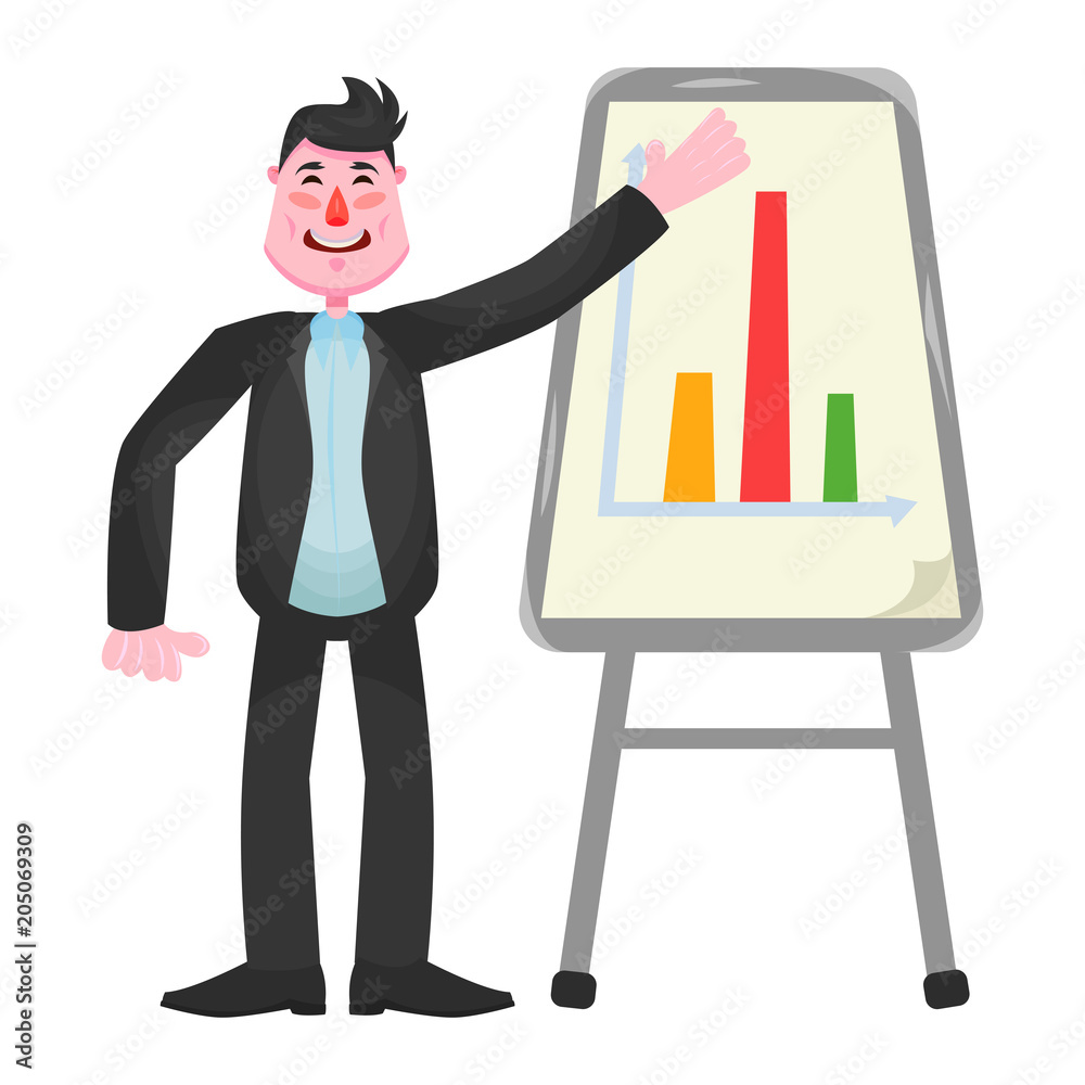 Happy businessman show a board with infographics and that indicators have increased Happy businessman show a board with infographics and that indicators have increased