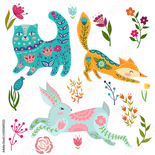 Folk set vector colorful illustration with beautiful fox  cats  rabbits and flowers. Animals in scandinavian style.