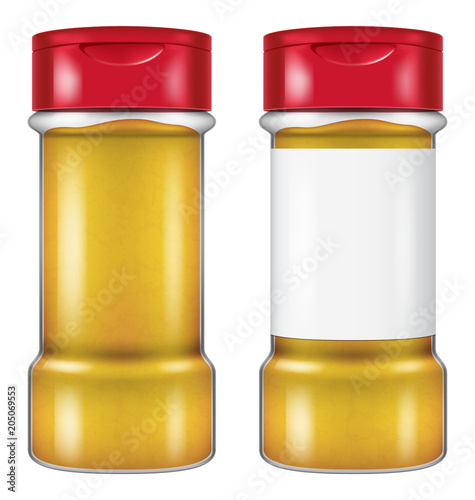 Bottle of turmeric (curcuma longa) powder in two versions: with and without a blank label. Vector illustration.