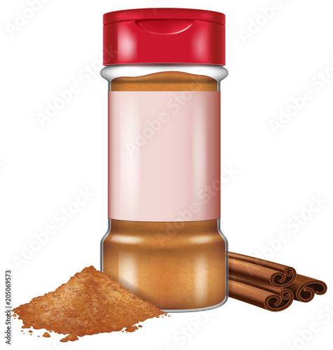 Bottle of cinnamon powder and cinnamon sticks. Vector illustration.
