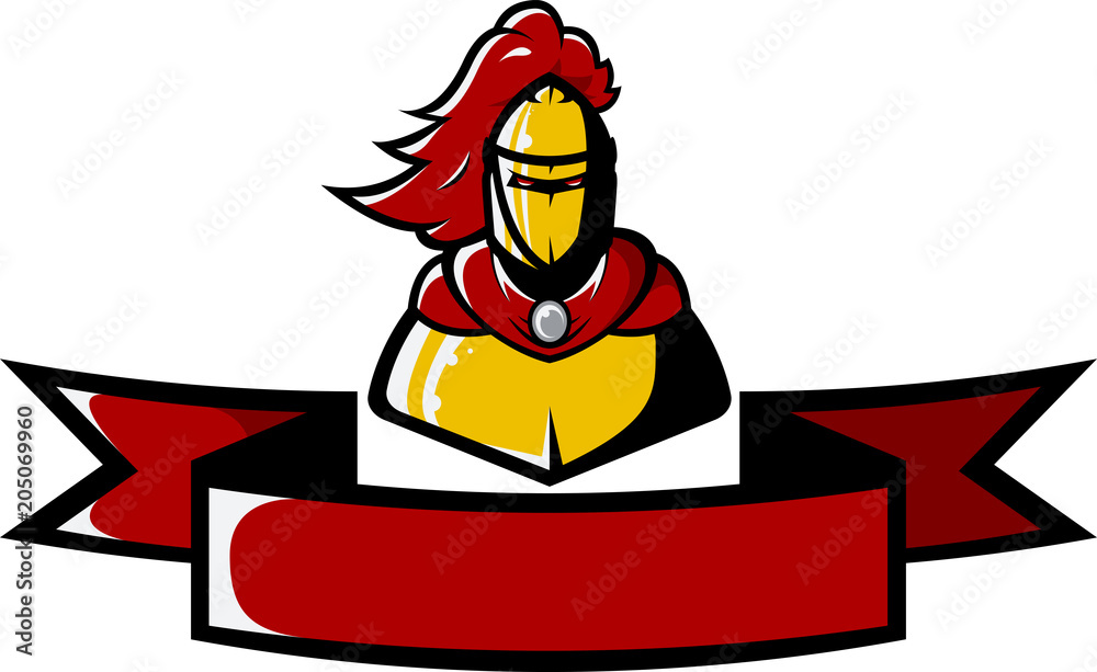 Golden knight with red plume over red ribbon Golden knight with red plume over red ribbon