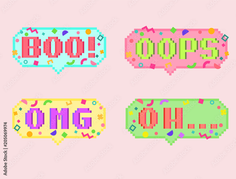 Vector pixel art 8bit set of four stikers. Pixel dialog cloud and font with modern geometric decor. Creative conversation chat and messenger sticker.