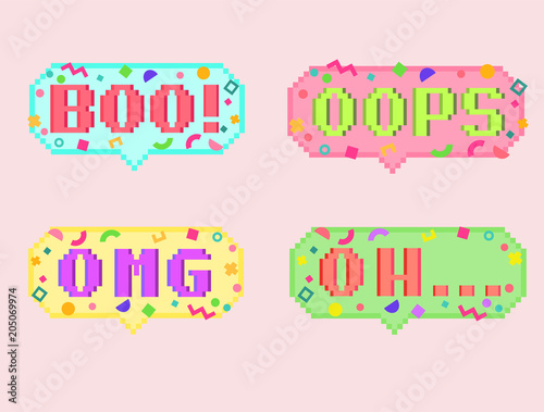 Vector pixel art 8bit set of four stikers. Pixel dialog cloud and font with modern geometric decor. Creative conversation chat and messenger sticker.