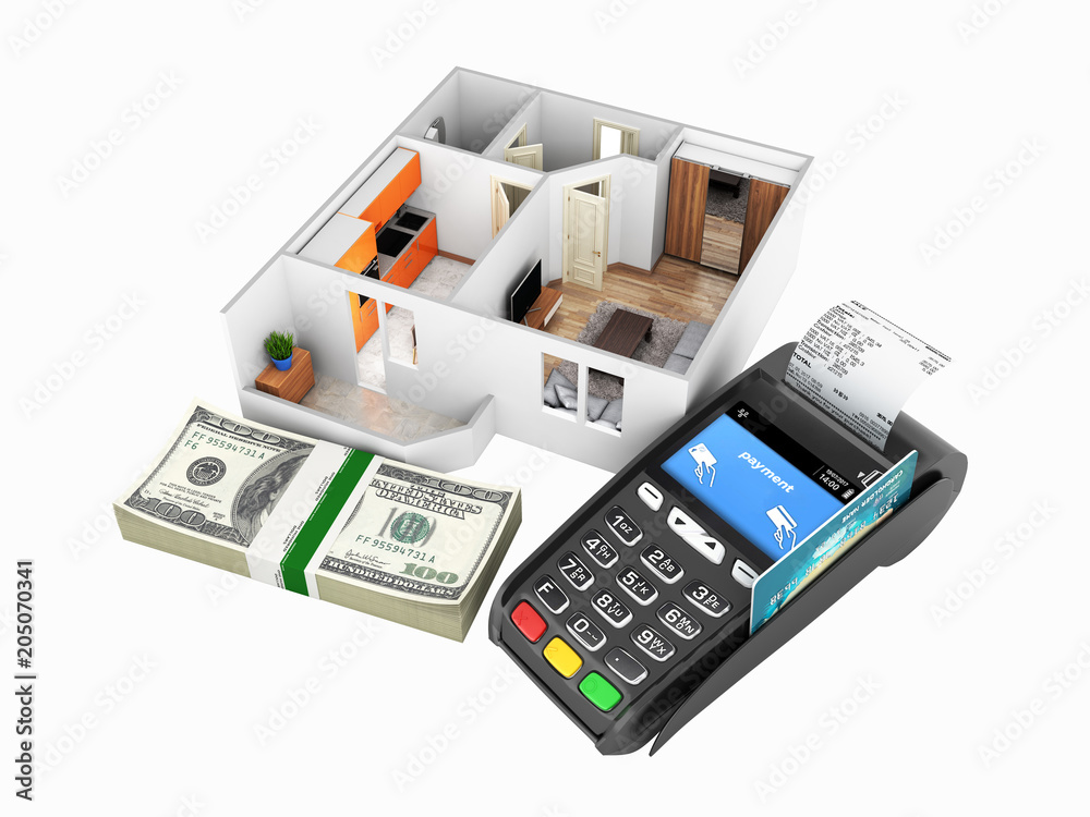 Concept of purchase or payment for housing Apartment layout with a stack of money american hundred dollar bills and POS terminal isolated on white background 3d without shadow Concept of purchase or payment for housing Apartment layout with a stack of money american hundred dollar bills and POS terminal isolated on white background 3d without shadow