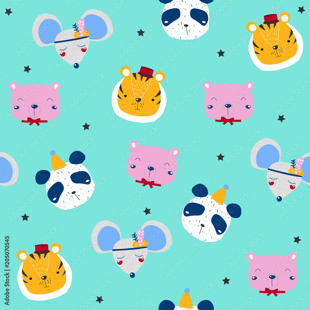 Cute animals faces seamless pattern. Vector hand drawn illustration. Cute animals faces seamless pattern. Vector hand drawn illustration.