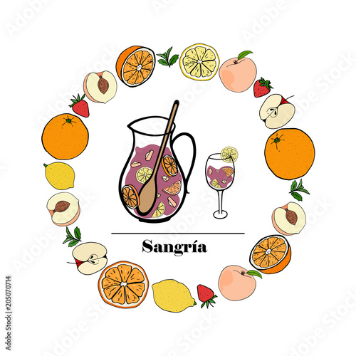 Traditional spanish alcohol drink.  Sangria. Hand drawn jug and glass of fresh homemade sangria in round frame of orange , peach, lemon, strawberry, apple. Vector