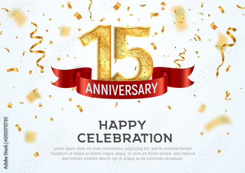 15 years anniversary vector banner template. Fifteenth year jubilee with red ribbon and confetti on white background