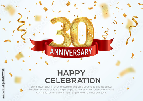 30 years anniversary vector banner template. Thirty year jubilee with red ribbon and confetti on white background