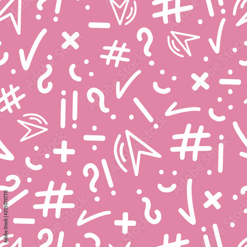 Abstract seamless patterns with punctuation marks, hashtag, check mark, smile, multiplication, division sign on pink backgroung. Hand drawn elemements for on-line communication, chatting. Vector