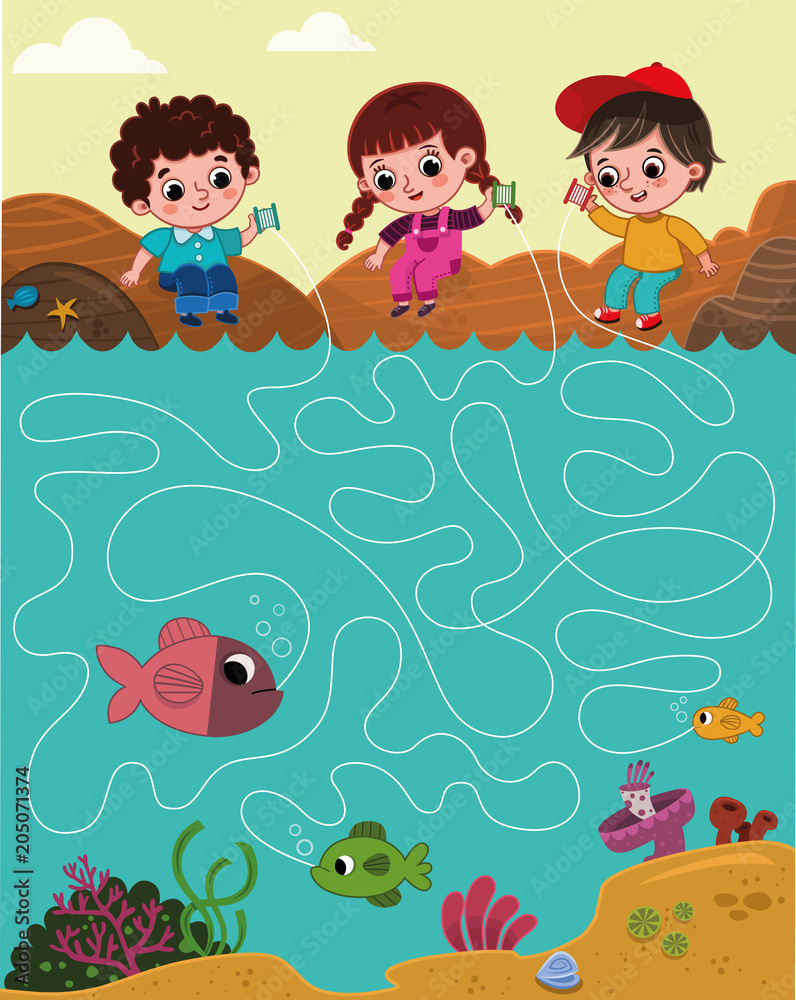 Vector illustration of three kids gone fishing. Puzzle game for children in  cartoon style. Follow the lines to see who has caught the biggest fish.  Stock Vector