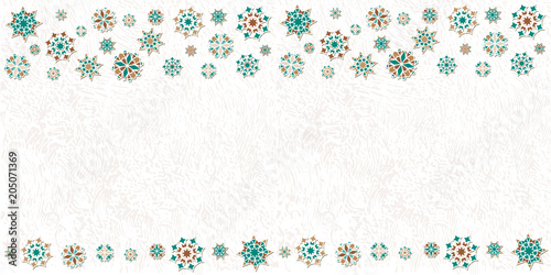 Beautiful vector background, for greeting card, packing paper, banner, business card, celebration or decoration for the Ramadan holiday. Geometric abstract ornament in the form of flowers, month, star