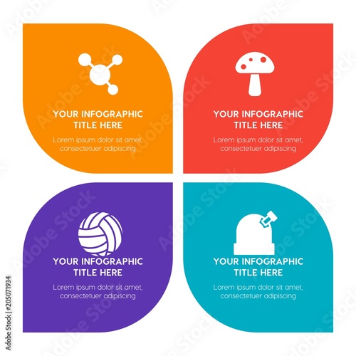 Flat science, sports, nature infographic timeline template with floral shape for presentations, advertising, annual reports