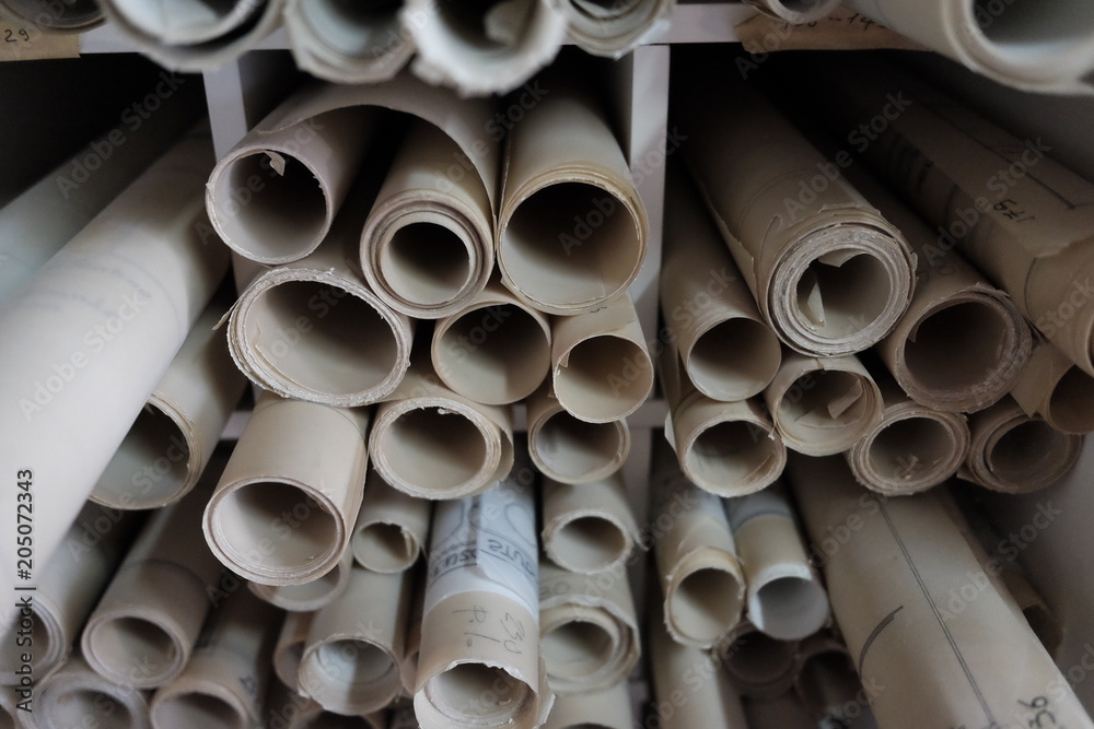 technical drawings on rolled glossy paper technical drawings on rolled glossy paper