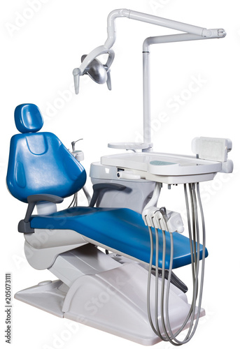 Modern blue dentist chair isolated on white background