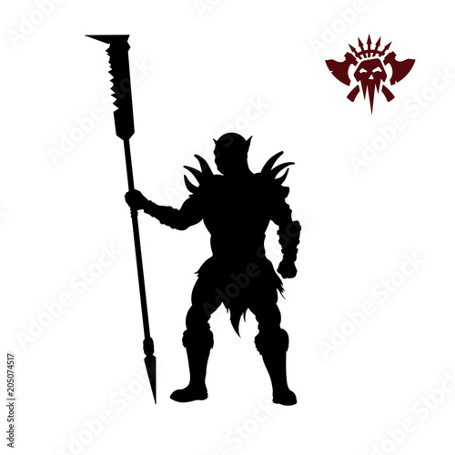 Black silhouette of orc with spear on background. Fantasy character. Angry warrior with weapon. Barbarian tattoo