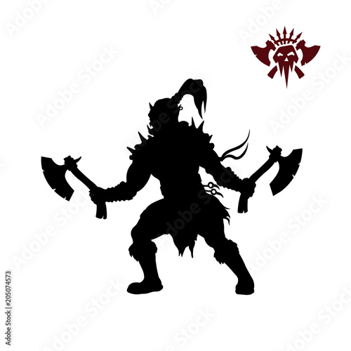 Black silhouette of orc with axe on background. Fantasy character. Angry warrior with weapon. Barbarian tattoo