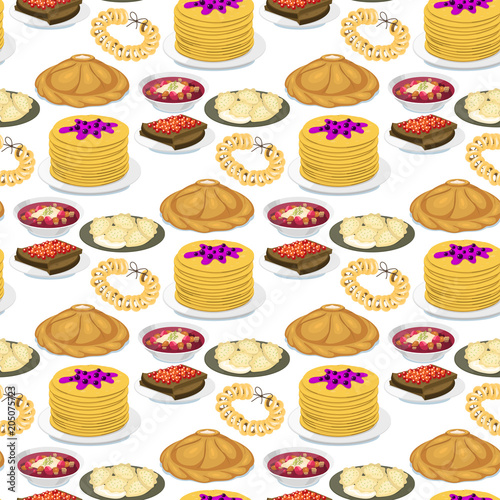 Traditional Russian cuisine seamless pattern background culture dish course food welcome to Russia gourmet national meal vector illustration