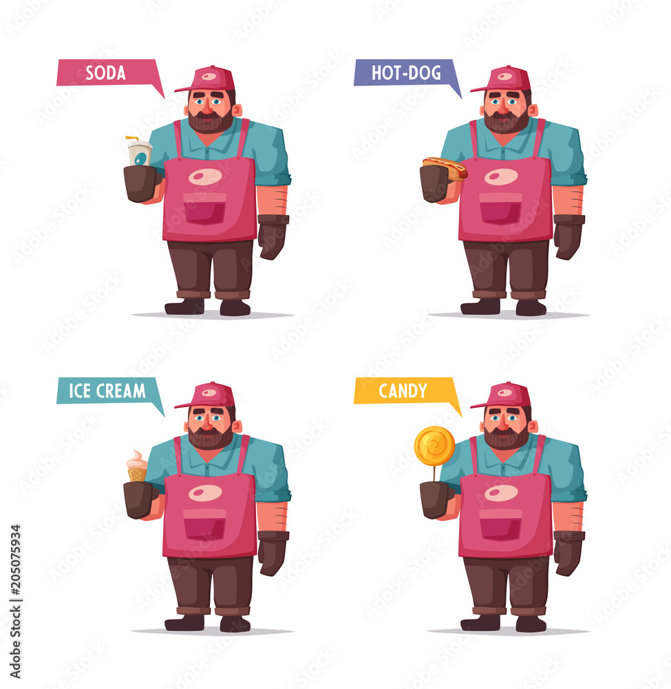 Street food and beverages funny hawker. Cartoon vector illustration. Seller  or chef character Stock Vector | Adobe Stock