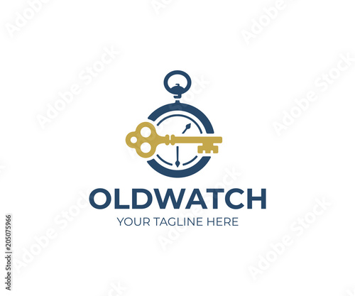 Old pocket watch and key logo template. Vintage key and clock vector design. Antique skeleton key and antique watch logotype