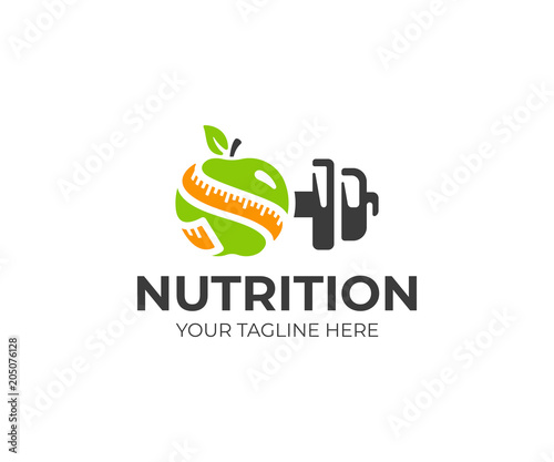 Sports nutrition logo template. Green apple with measure tape and metal dumbbell vector design. Fitness nutrition logotype
