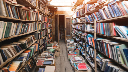 Atmospheric old library with books. Cozy Light Retro Library. Books Concept