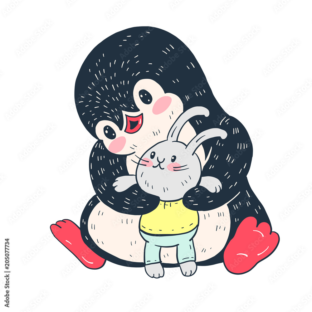Obraz premium Penguin with toy Bunny