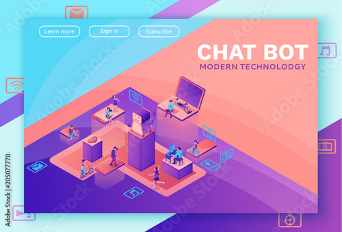 Chatbot service isometric illustration with modern hipster people communicating by gadgets, smartphone, mobile chat technolodgy concept, message app, landing page template