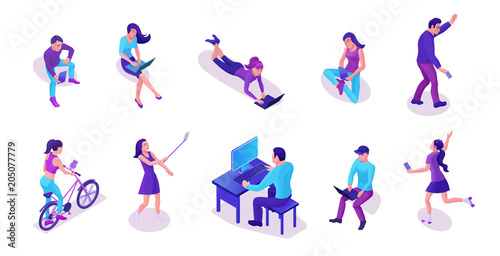 Modern isometric people set with gadgets, talking by smartphone, using message service, taking selfie, working with laptop, trendy 3d men and girls in violet colors