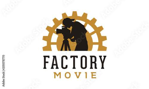 Gear Cog Wheel Factory Cameraman for Film Movie Cinema Production logo design inspiration